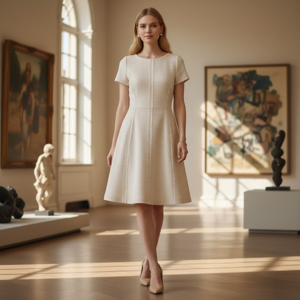 Cream‎ Tweed Short Sleeve A-Line Shift Dress with Fringe Trim Detail Metallic